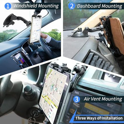 OHLPRO Dashboard Tablet Holder for Car, iPad Car Holder Suction Cup Mount Compatible with 7"-13" Tablets, Truck Windshield Vent with Flexible Arm Clip, Sturdy Adjustable Design, 360° Rotation, Black - size: Dash+Clip 7-13" Mount