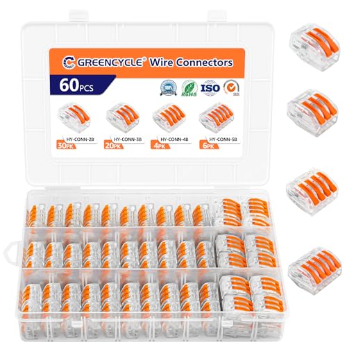 GreenCycle 60PCS Lever Wire Connectors, Quick Wire Splice Connectors Push-in, 2/3/5 Transparent Housing Conductor Combination Kit with 2, 3, 5 Port, 28-12 AWG,for Home Lighting & Car Audio - size: 60PCS, style: 1/2/3/4/5P Box Kit