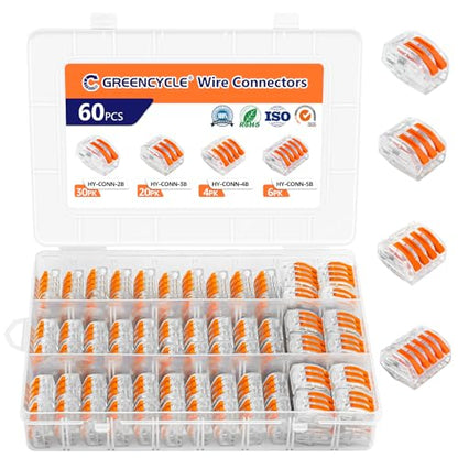 GreenCycle 60PCS Lever Wire Connectors, Quick Wire Splice Connectors Push-in, 2/3/5 Transparent Housing Conductor Combination Kit with 2, 3, 5 Port, 28-12 AWG,for Home Lighting & Car Audio - size: 60PCS, style: 1/2/3/4/5P Box Kit