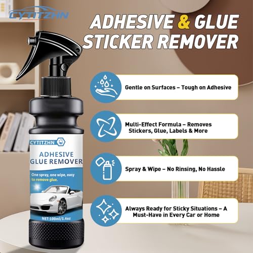 Adhesive Remover, Sticker and Decal Remover Spray, Quickly Removes Glue, Labels and Tape Residue, Safe for Car Paint and Glass, Includes Scraper and Towel, Portable Size-3.4oz/100ml