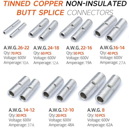 SVAAR 280 PCS Non‑Insulated Butt Splices Kit, 26‑8 AWG Tinned Copper Seamless Barrel Crimp Butt Connectors, Uninsulated Wire Repair Splice Terminals for 26‑8 Gauge Wire - color: Non-Insulated Splice - Tinned Copper