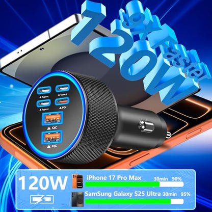 KYOHAYA USB C Car Charger, 120W 6Port USB-C & USB-A Power Car Phone Charger - color: Velvet Black