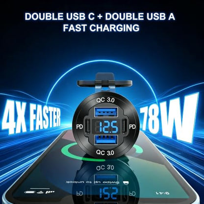 78W 4 Port 12V USB Outlet Car Charger,Dual PD & QC Multiple USB Port for Car, USB C Cigarette Lighter Replacement 12 Volt Socket with Voltmeter Waterproof for Marine Boat Motorcycle RV
