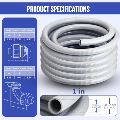 Liquid Tight Conduit 1inch 25FT,Flexible Non-Metallic Liquid Tight Flex Electrical Conduit and Connector Kit with 5 Straight and 3 90-Degree Conduit Connector Fittings - size: 1inch 25FT