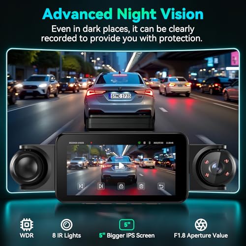 360°View 4 Channel Dash Cam, 5'' IPS Large Screen Dash Camera for Cars, 4K+1080P Front and Rear Inside Left Right, Built-in IR Night Vision, 24H Parking Mode, 64GB SD Card, Wireless APP Transmission