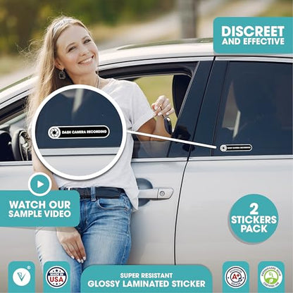 Dash Camera Recording in Car Sticker | Dash Cam Vinyl Sticker Sign | in Car Camera Recording | 2 Pack Car Window Small Sticker | Black Glossy 5x1 Inches Waterproof Sticker (Small) - size: Small