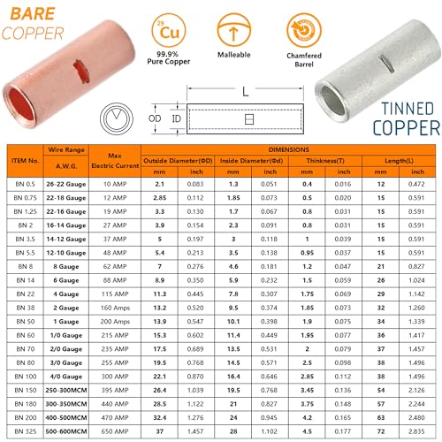 SVAAR 6PCS 0 Gauge Butt Connectors 1/0 AWG Uninsulated Butt Splice Connectors Non Insulated Crimp Butt Splices Kit Bare Pure Copper Seamless Barrel Battery Cable Butt Terminals & 6PCS 3:1 Heat Shrinks