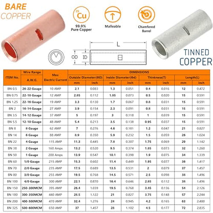 SVAAR 6PCS 0 Gauge Butt Connectors 1/0 AWG Uninsulated Butt Splice Connectors Non Insulated Crimp Butt Splices Kit Bare Pure Copper Seamless Barrel Battery Cable Butt Terminals & 6PCS 3:1 Heat Shrinks