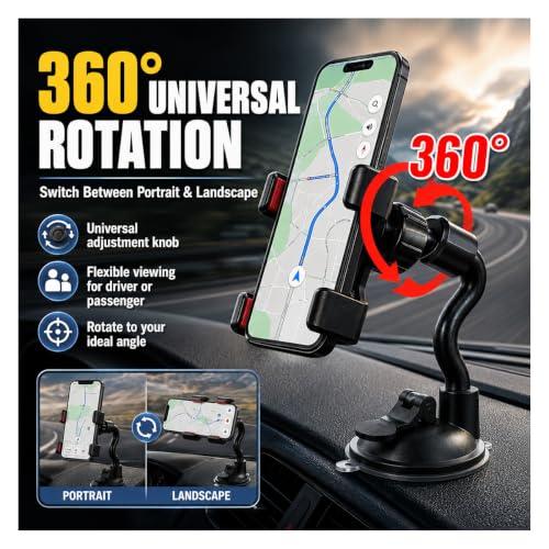Car Windshield Suction Cup Phone Holder, 360° Rotation Auto Window Cell Phone Mount with Long Arm Clamp, Universal Anti-Shake Vehicle Dash Mobile Phones Holder for All Smartphones (Black)