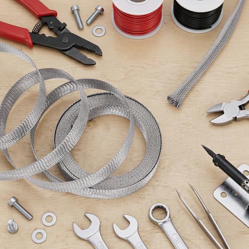 NBEADS 19.68ft 304 Stainless Steel Braided Cable Sleeve, 0.78 Inch Wide Stainless Steel Color Flat Tinned Braided Ground Wire Mesh, Flexible Shielding Sleeve for Cables - size: 19.68ft X 0.78 Inch