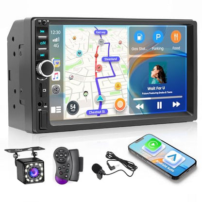 Double Din Car Stereo with Apple CarPlay and Android Auto, 7 Inch HD Touchscreen Car Radio, Bluetooth Car Audio Receivers, Backup Camera, Mirror Link, USB/AUX/TF/FM