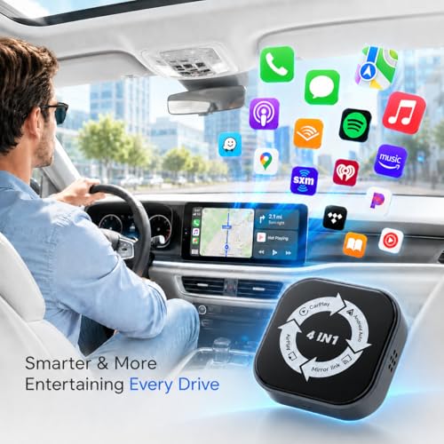 Wireless CarPlay Adapter 4 in 1, Wireless Android Auto Box with Airplay Mirror Link, Screen Mirroring, Plug & Play for Cars with Wired CarPlay/Android Auto