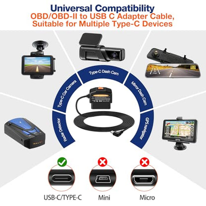 OBD2 to USB C Power Cable for Dash Cam,OBD Adapter Hardwire Kit Tpye-c with Low Voltage Protection(Auto-Cutoff 11.6V/23.4V), 24/7 Parking Mode,ACC Detection,Plus & Play Constant Power Cable (11.5FT)