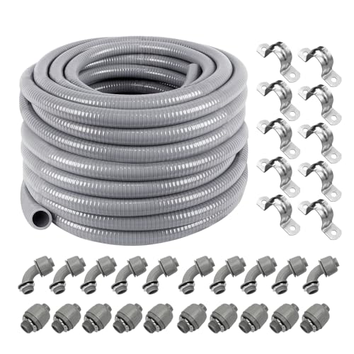 Z 3/4" Dia * 100 Feet Flexible PVC Conduit Kit with 31 Pieces, Including 10 Couplings, 10 Elbows, and 10 Straps, UV-Resistant, UL Listed (File E339276), Gray - style: 3/4" 100ft