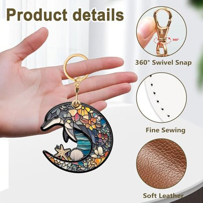 Dolphin Leather Keychain Case Holder,GPS Tacker With Keychain Ring,Stained Glass Style Access Card Scratch-Resistant,Finders Accessories For Pets, Luggage, Wallet, Backpacks - color: Dolphin