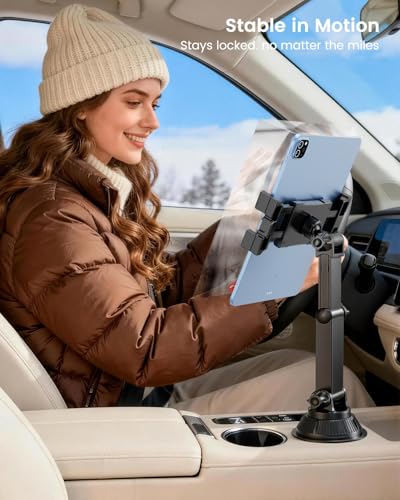OHLPRO Car Cup Holder Tablet Mount for Truck & SUV, Heavy Duty iPad Holder for Car with Thick Case Friendly Deep Claws, 2.6-3.9" Expandable Base & Adjustable Extension Arm, Fits 5-17" Devices, Black