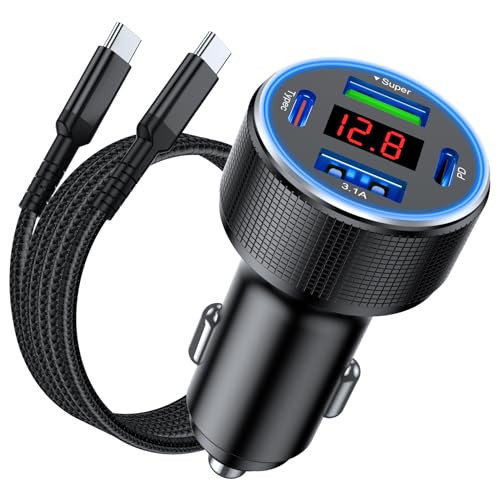 iPhone 17 Car Charger USB C Fast Charge Cable, 78W 4 Port Metal Car Phone Charger Adapter with Voltmeter PD 30W & QC3.0 Cigarette Lighter USB Adapter for iPhone 17/16/15, Galaxy, iPad, Android - color: Black & Cable