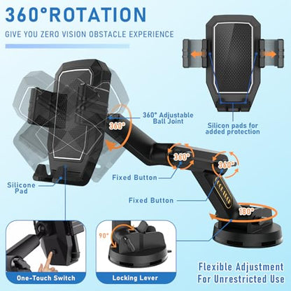 WUITIN Truck Phone Holder Mount,Car Phone Holder,Dashboard Windshield Phone Holder 16.9 inch Long Arm,Super Suction Cup Compatible with Pickup Truck,Commercial Truck and All Phone,Black