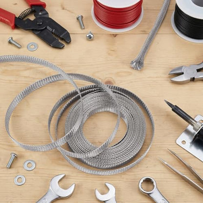 NBEADS 32.8ft 304 Stainless Steel Braided Cable Sleeve, 0.59 Inch Wide Stainless Steel Color Flat Tinned Braided Ground Wire Mesh, Flexible Shielding Sleeve for Cables - size: 32.8ft X 0.59 Inch