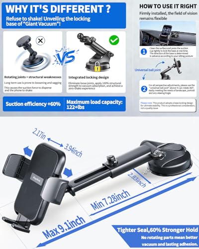 NO.1 Best【Fixed Integrated 122lb】Military-Grade Car Phone Holders Windshield Dashboard Vent【Upgraded Suction & Clip】Cell Phone Mount with Patent & Safety Certs for iPhone 17 Pro Max 16 15 Samsung