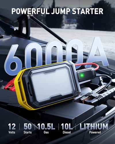 AUXITO Jump Starter: 6000A Car Portable-Battery Jumper Box with 4000LM LED Outdoor Camping Light and Power Bank Function, Up to 10.5L Gas and 10L Diesel Engines, USB Ports and Jumper Cable Included - size: 6000 A