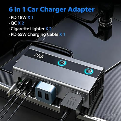 6-in-1 Cigarette Lighter Splitter, 65W PD Fast Charging, 120W Total Output, Two 12V Sockets, Retractable USB-C Cable, Battery Monitor, Trickle Charge, 1M Extension Cable for Front & Rear Charging