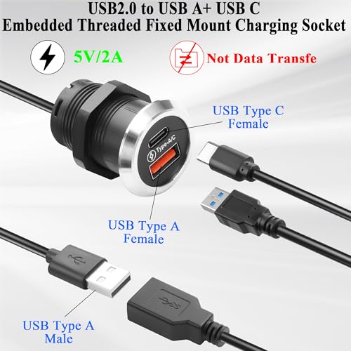 QIANRENON 2 in 1 USB & USB C Threaded Fixed Mount Charging Connector Cable USB2.0 Male to Type A + Type C Female Desktop Embedded Mount Adapter Cable 5V 2A, for Furniture/Office Desk, 1.5m/4.9ft