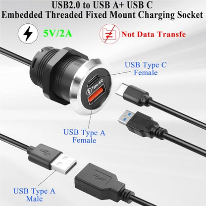QIANRENON 2 in 1 USB & USB C Threaded Fixed Mount Charging Connector Cable USB2.0 Male to Type A + Type C Female Desktop Embedded Mount Adapter Cable 5V 2A, for Furniture/Office Desk, 1.5m/4.9ft