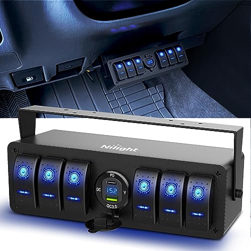 Nilight 6 Gang Rocker Switch Box 12V SPST ON Off PD Type C and USB Charger Voltmeter Waterproof Aluminum Panel Night Glow Stickers for Boats Cars RVs Trucks - color: Blue+Box, size: 6+1 Gang Type C +USB