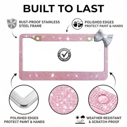 Wanheart 1 Pack Pink Bling License Plate Frame with White Corner Bow - color: Pink Frame + White Bow