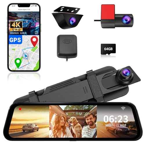 3 Channel Mirror Dash Camera, 4K/3K+2.5K/1080p+1080p Rear View Mirror Camera with GPS, APP Control, WDR Night Vision, G-Sensor, Loop Recording, 24 Hours Parking Monitor, 64GB Card Included - style: 4K/3K Front +2.5K/ 1080P Rear +1080P Inside