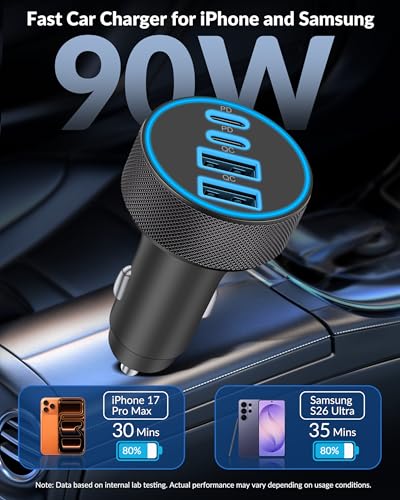 2 Pack Car Charger USB C, 4 in 1 90W Fast Charging 4-Port Car Phone Charger - style: 2 Pack