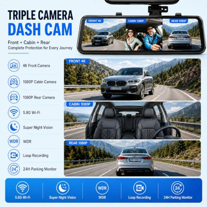 3 Channel Mirror Dash Camera, 4K/3K+2.5K/1080p+1080p Rear View Mirror Camera with GPS, APP Control, WDR Night Vision, G-Sensor, Loop Recording, 24 Hours Parking Monitor, 64GB Card Included - style: 4K/3K Front +2.5K/ 1080P Rear +1080P Inside