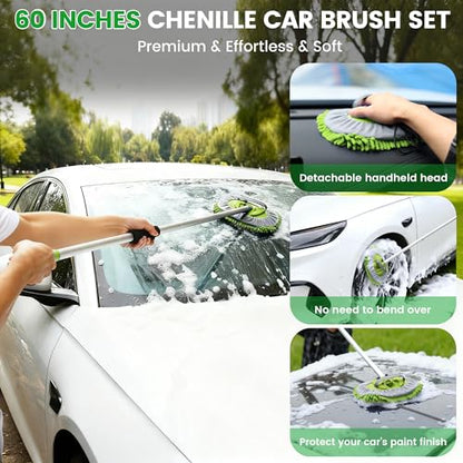 Car Wash Brush with Long Handle, 62'' Car Wash Mop, 7Pcs Chenille Microfiber Cars Washing Kit with Window Squeegee/Microfiber Towels /Wheel Brush for Cars RV Truck Boat Floor Window, Green - color: Green