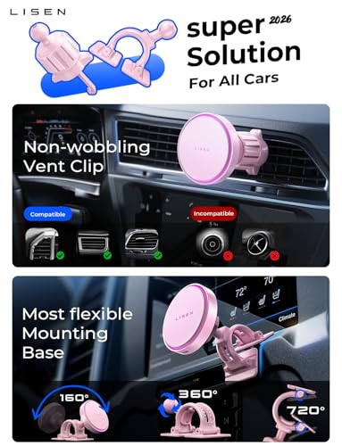 LISEN 15W MagSafe Car Mount Charger Phone 18,[Light Pink] Magnetic Wireless Car Charger, Dashboard & Air Vent Car Phone Holder Mount for iPhone 17-12, Samsung, Pixel, Cute Car Accessories for Women - color: Light Pink