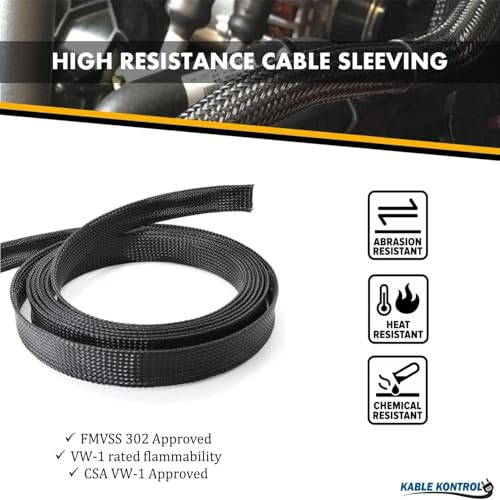 Kable Kontrol Flame Retardant PET Expandable Braided Sleeving 1/4” Inch ID 100 Feet Long - UL94 V0 Fire & Abrasion Resistant Flexible Sleeve Wire Management for Home, Industrial Use – Black - color: Black, size: 0.25 Inch (1/4") - 100 Feet