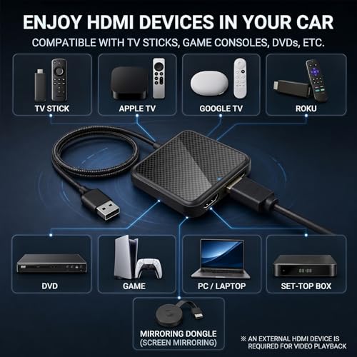 Car TV Adapter with HDMI Input, Wireless CarPlay and Android Auto Dongle for Fire TV Stick, Plug and Play 2K Multimedia Streaming Converter for Factory Wired CarPlay Cars