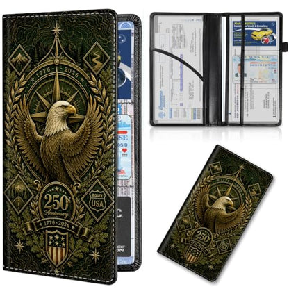 Car Registration and Insurance Card Holder Wallet, Bald Eagle USA 250th Vehicle Document Organizer for Glove Box, Auto License & ID Card Holder Case, Slim Multi-Slot Car Paper Organizer - color: Bald Eagle USA 250th