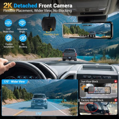 OEM Rear View Mirror Camera: 11" 2K Mirror Dash Cam with Detached Front Rearview Zoom, Auto Brightness Display with Night Vision, Parking Monitor, Built-in GPS, 64GB Card for Trucks SUVs Vans RVs