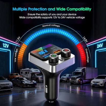 Bluetooth 5.4 Car Adapter 48W Charging USB Bluetooth Adapter for Car,Wireless Fm Transmitter Radio,Song Switching,Handsfree Calling and Audio Receiver,HiFi Music Player,Matrix LED Effects - color: Matte Black-48W