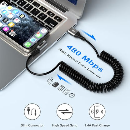 90 Degree Coiled Lightning Cable, 2 Pack iPhone Charger Cable for Apple Carplay [MFi Certified], USB Fast Charging Coiled Lightning Cable Right Angle Compatible with iPhone/iPad/iPod/Car