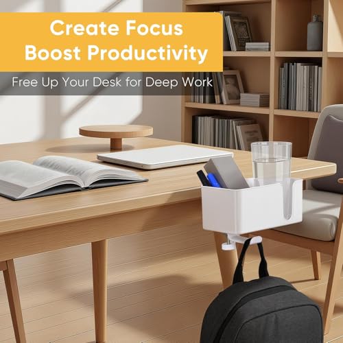 4-in-1 Clip On Desk Cup Holder, Fits up to 40oz cups - Mountable Holder with Adjustable Divider & 360° Rotating Hook - No Spill Clamp On Drink Holder Attachment - for Desk Chair Table Bed Tray - White - color: White - 4" W Dual Cup