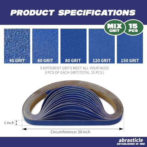 1" x 30" Zirconia Knife Sharpening Sanding Belts for Metal, 1 x 30 Inch Zirconia Metal Grinding Sand Paper, 15 PCS 3 Each of 40/60/80/120/150 Assorted Grits - size: 1" x 30" Assorted Grit(15 pack)