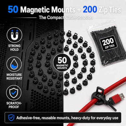 Magnetic Zip Tie Mounts 22mm, 50 Pack Cable Tie Mount Bases with 200 Zip Ties, Heavy Duty Cable Clips for Wire Management, Magnet Cord Holder Organizer for Desk, PC, Home Office