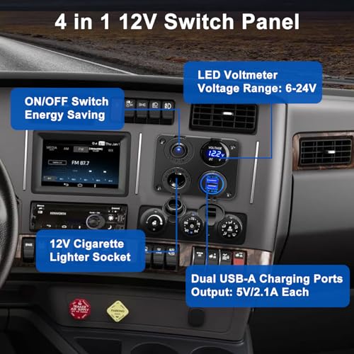 Linkstyle 4 in 1 Car Charger Panel, 4.2A Dual USB A Charger Port, Cigarette Lighter Socket with LED Voltmeter & Rocker Switch for 12V/24V Marine Boat RV Truck - color: 4 in 1 Charger Socket Panel