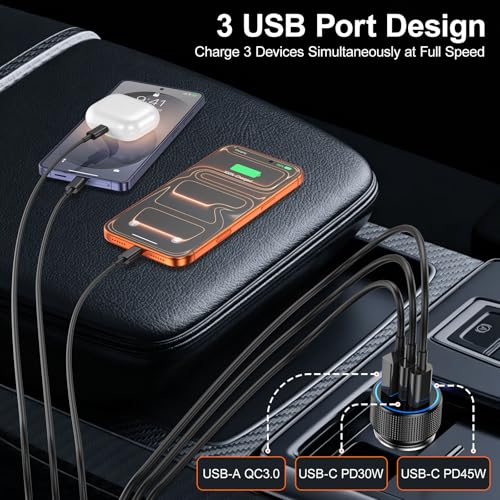 OKRAY 93W USB C Car Charger 3-Port PD45W+30W Super Fast Charge Car Charger - color: Black