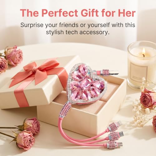 Car 3 in 1 Multi Charging Cable, Stylish Heart-shaped Diamond-studded Retractable Cable for Women/Girls, USB Multi-port Connector, Universal Car Interior Accessories (Pink)
