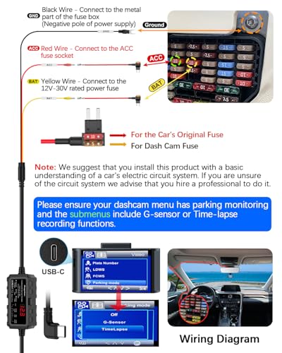 Dash Cam Hardwire Kit USB-C with LED Screen, 12V-30V to 5V 3A 4m/13.12ft Hardwire Kit Adjustable Low Voltage Protection 24H Parking Monitoring Hardwire Power Cable with 8 Fuse Adapter