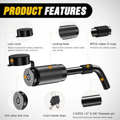 Nilight 1/2" & 5/8" Anti-Theft Lockable Trailer Hitch Lock Pin | Keyed Unique Weatherproof Anti-Theft Lockable Fits 2" 2-1/2" & 1-1/4"Receiver Tow Truck Boat Bike Truck Black - color: Hitch Lock Pin 1/2" & 5/8" Black