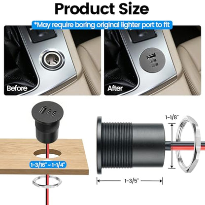 acegoo 78W 12V USB Outlet, 3 Port Fast Charging Aluminum Car USB C Charger - color: 2 Pcs
